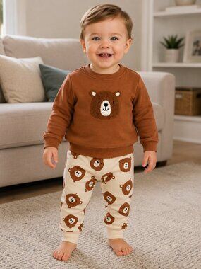 NWT Baby Essentials 2 Piece Bear Lounge Set Baby Toddler Boys Cozy Outfit